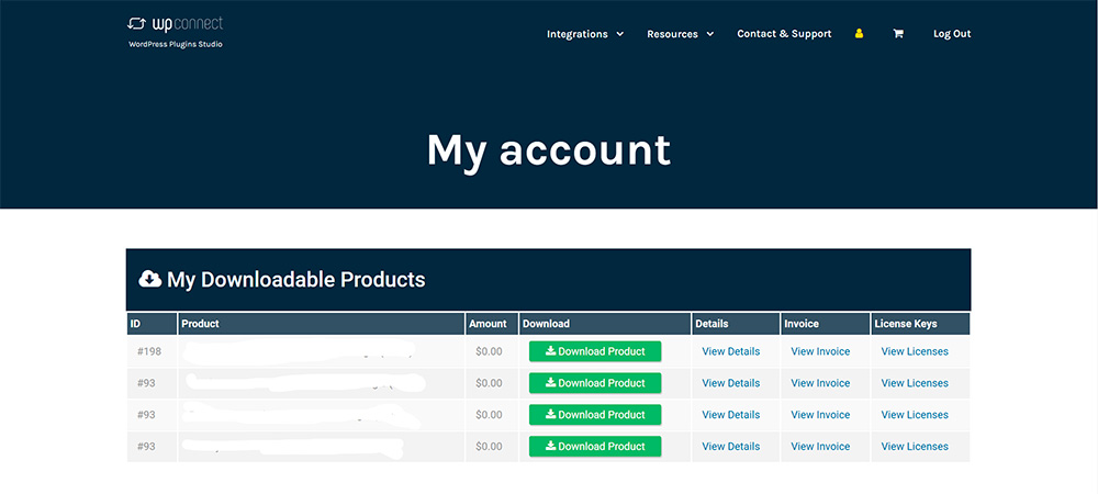 License keys list in the wpconnect.co account page