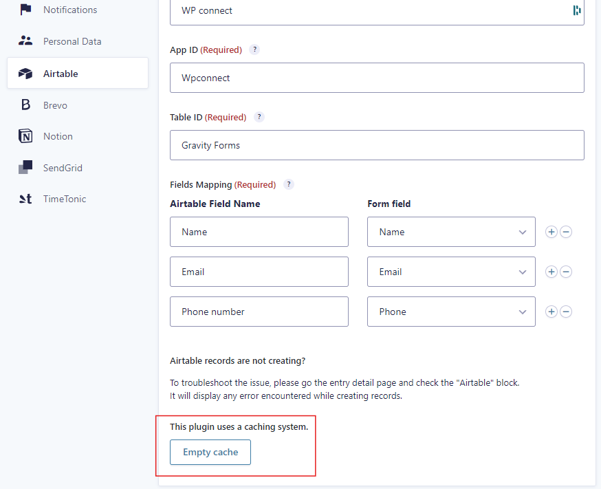 Cache issue Gravity Forms to Airtable add-on