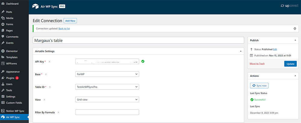 Air WP Sync connection settings