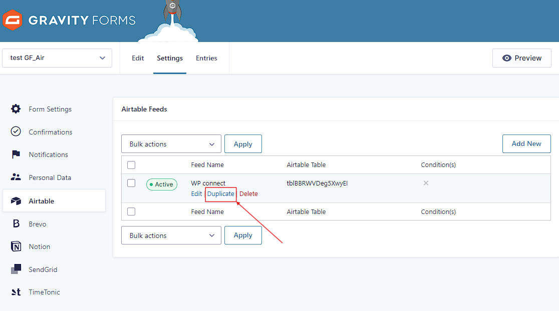 Duplicate a feed Gravity Forms to Airtable add-on