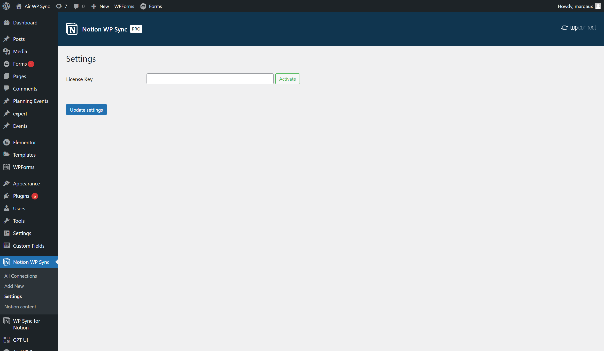 License key field in the Notion WP Sync settings