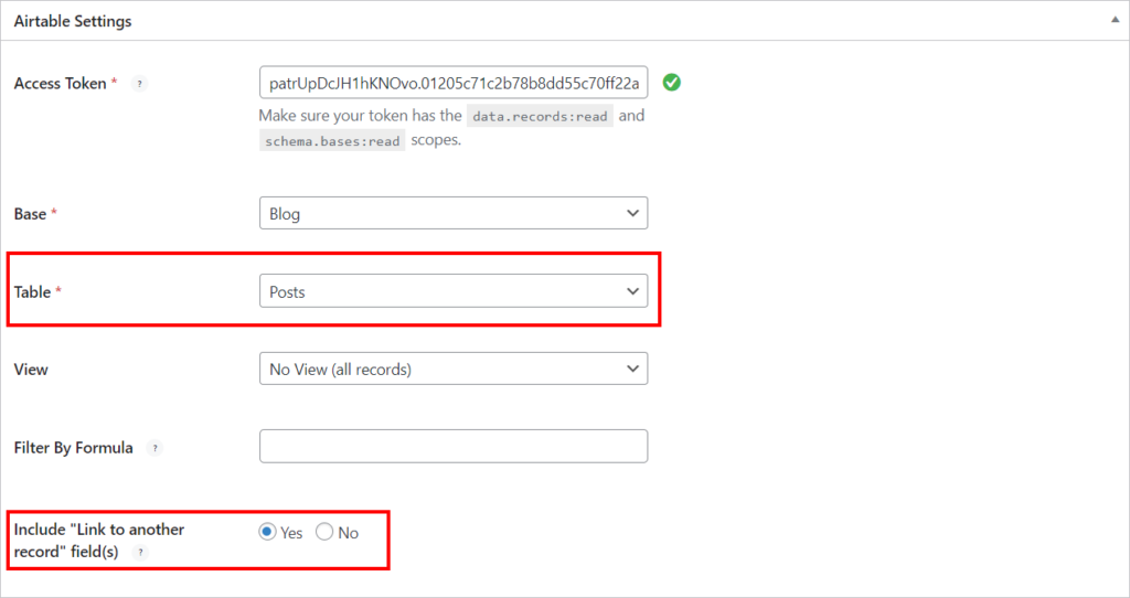 Airtable settings link to another record to ACF repeater