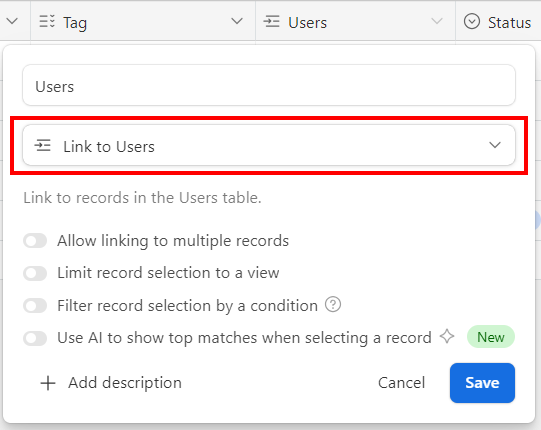 Airtable users field link to another record