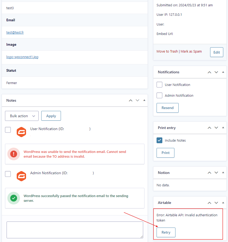 Syncing issues retry button Gravity Forms to Airtable add-on