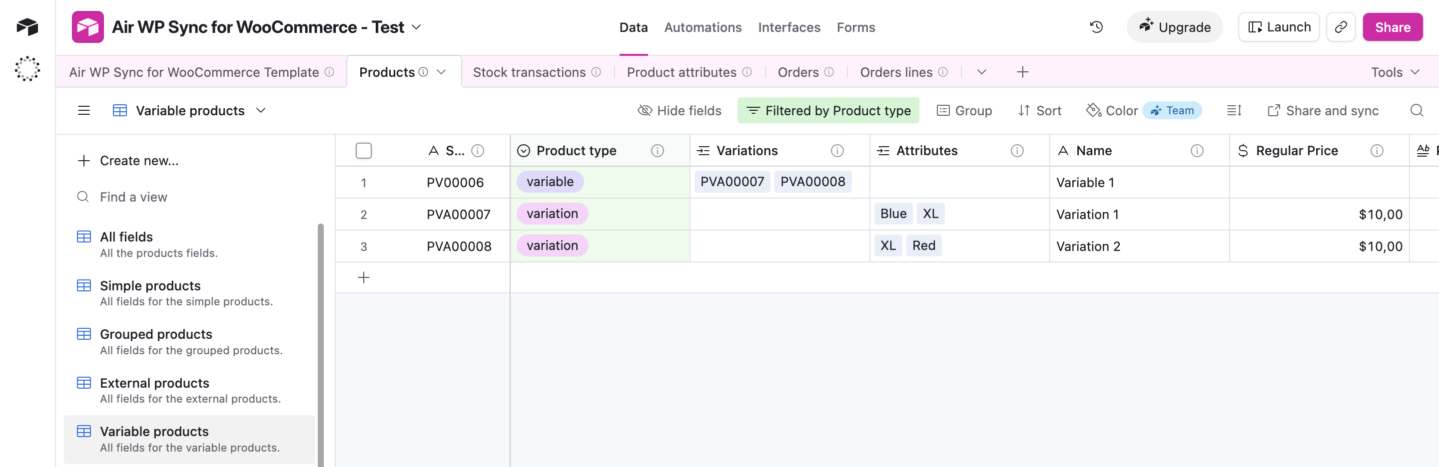 Products table in Airtable showing a variable product linked to its variation records through the Variations field