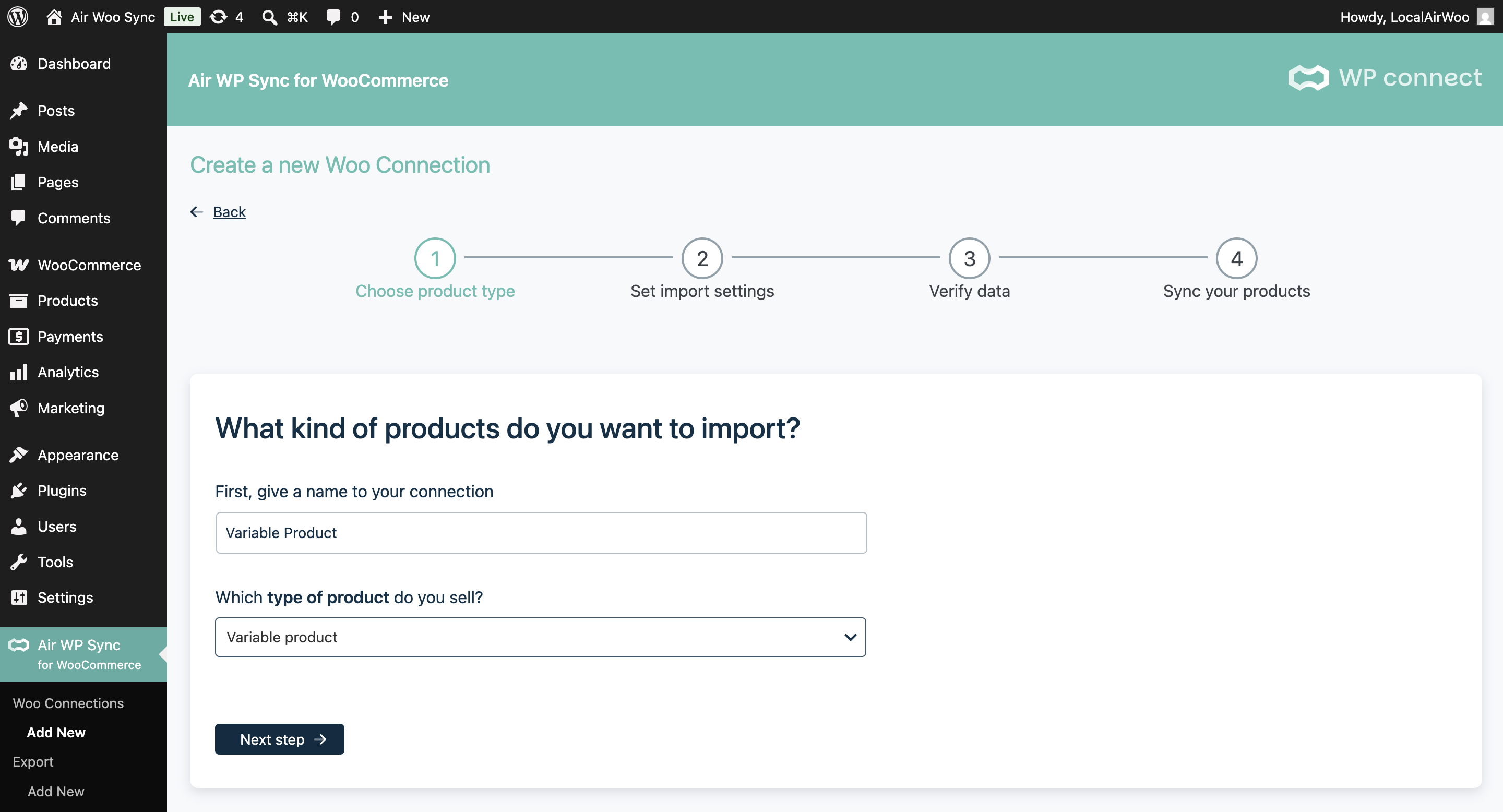 First step of the Woo Connection wizard where the Variable product type is selected