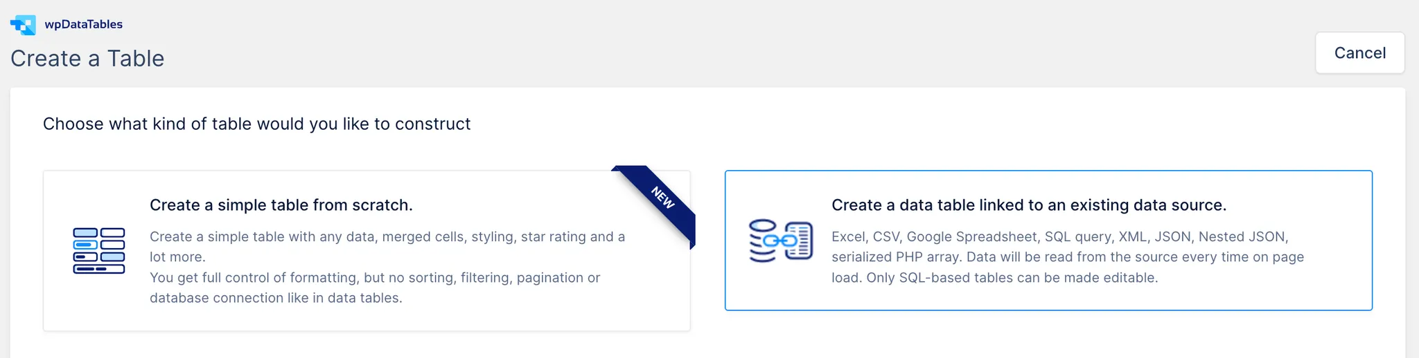 Option Create a datatable linked to an existing datasource in wpDataTables plugin.
