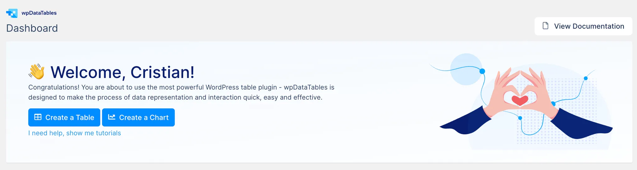 Welcome screen of wpDataTables plugin.