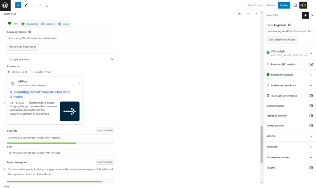 Yoast SEO interface filled with Air WP Sync and Airtable