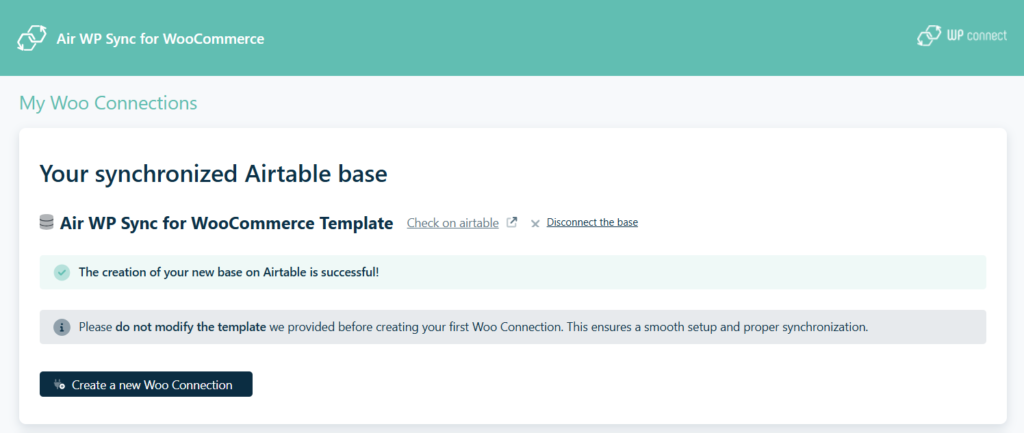 Air WP Sync for WooCommerce - connexion réussie