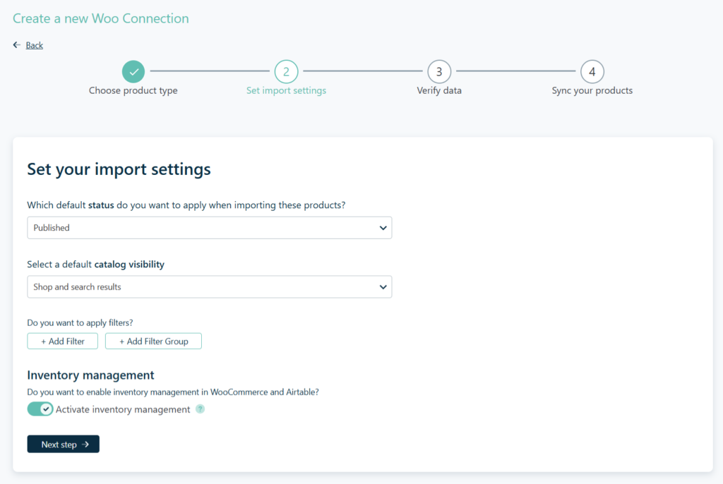 Air WP Sync for WooCommerce - réglages d'importation