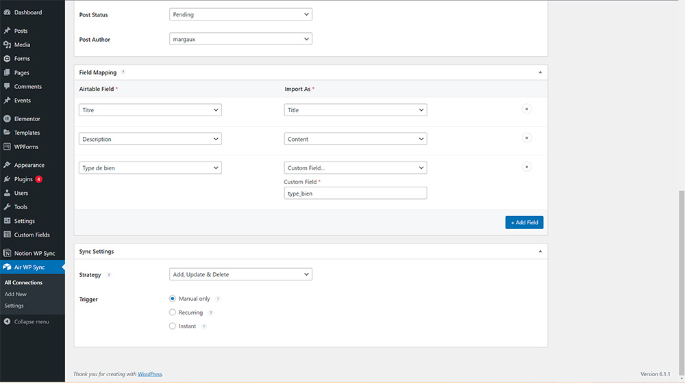 Custom fields creation in Air WP Sync