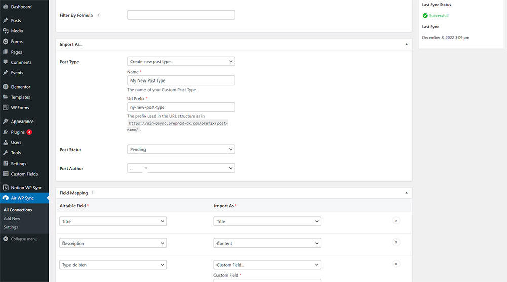Custom Post Type mapping in Air WP Sync