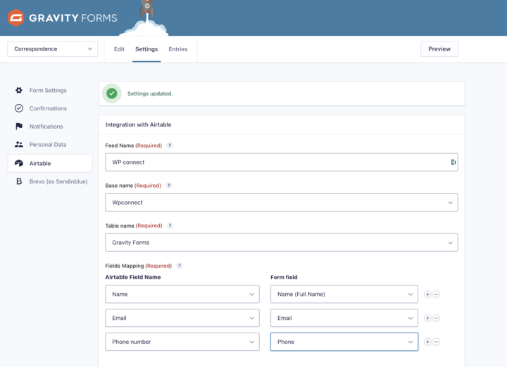 Mapper les champs Gravity Forms to Airtable add-on