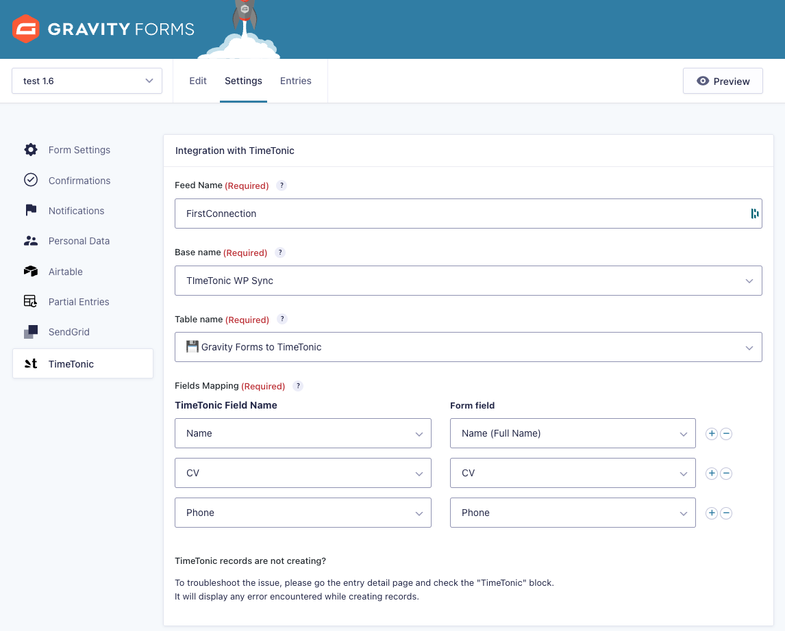 Mapper les champs Gravity Forms TimeTonic add-on
