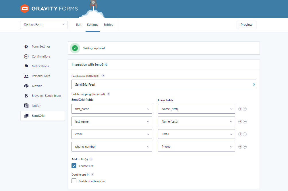 Mapper les champs Gravity Forms SendGrid add-on