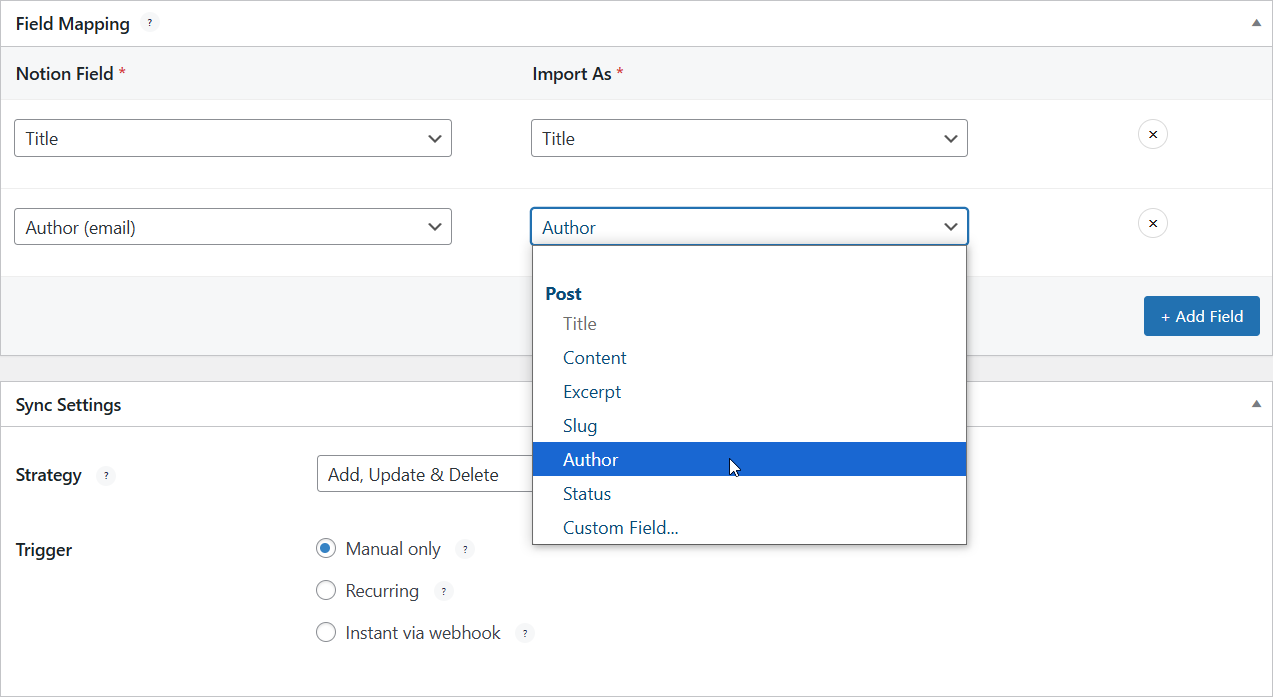 Mapping du champ e-mail de l'auteur Notion vers le champ Auteur de WordPress