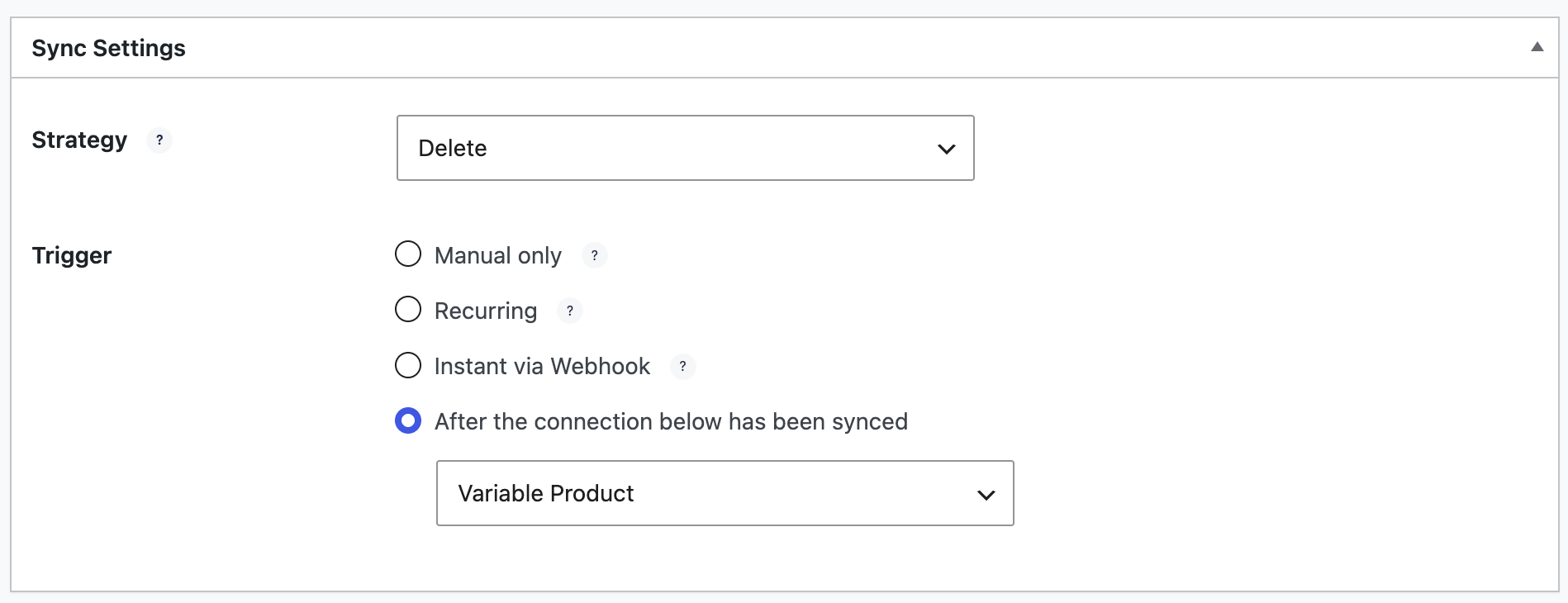 Section Sync Settings montrant la nouvelle stratégie Delete et le déclencheur After the connection below has been synced