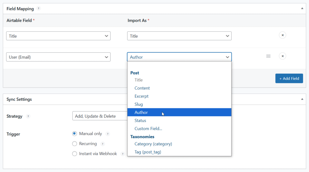 Air WP Sync field mapping with Airtable user email