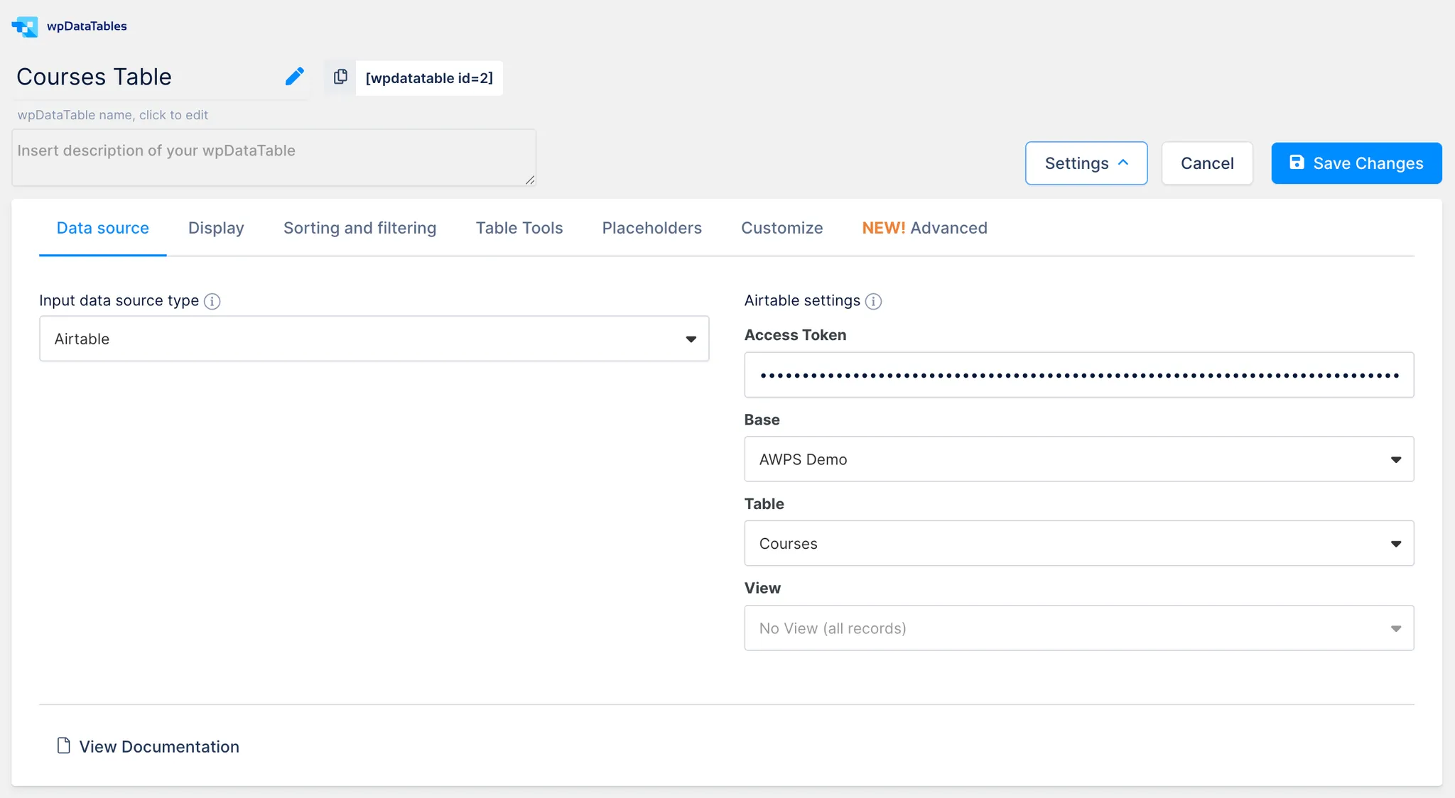 Réglages de la table dans le plugin wpDataTables, focus sur le jeton d'accès d'une source de données externe dans Airtable.