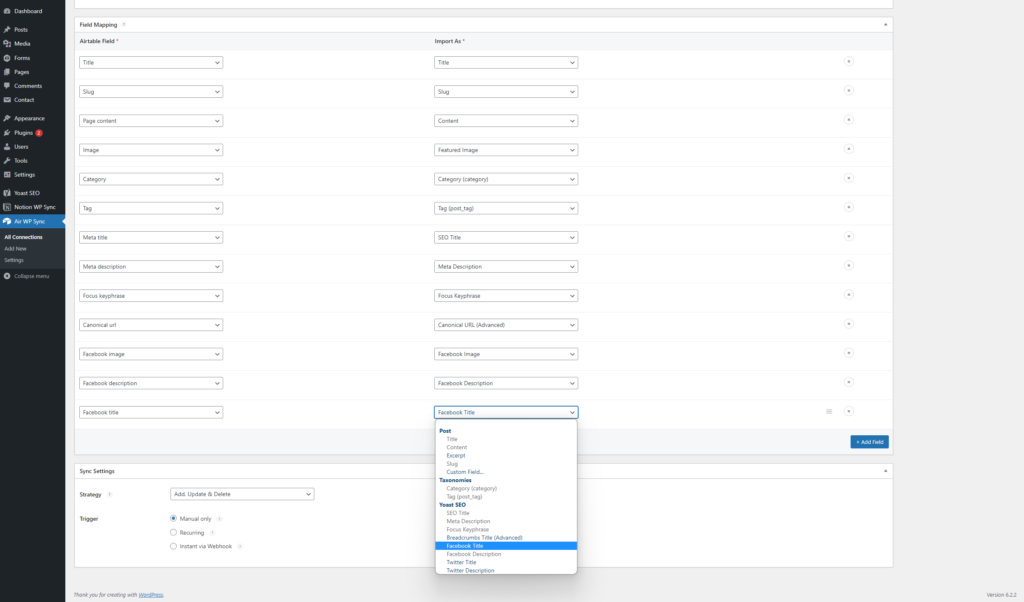 Air WP Sync fields mapping Airtable Yoast SEO