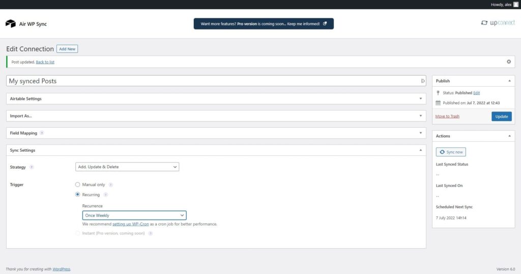 Trigger and frequency Airtable WordPress sync