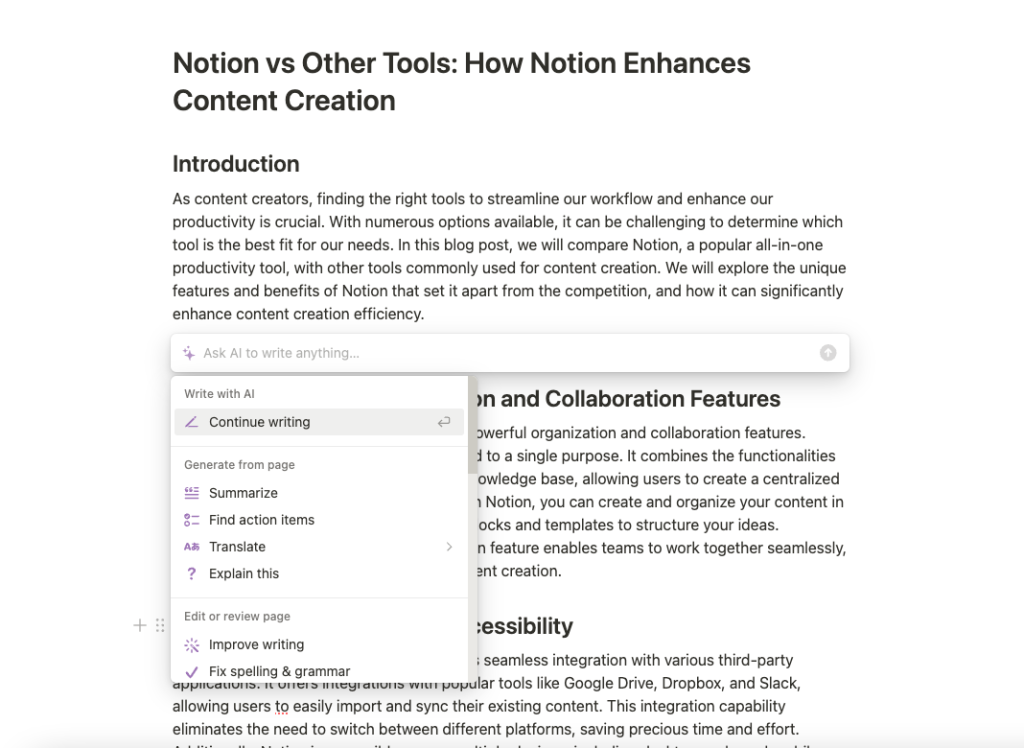 Notion AI feature