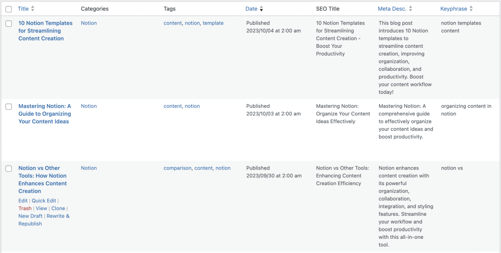 WordPress Post SEO fields synchronized Notion WP Sync