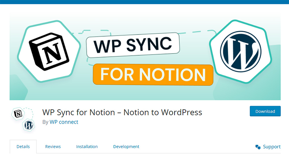 Notion to WordPress - WP Sync for Notion plugin page on the WordPress repository