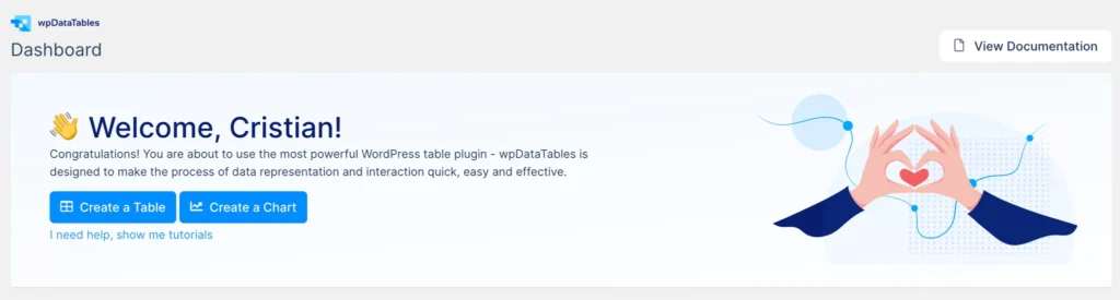 Welcome screen of wpDataTables plugin.