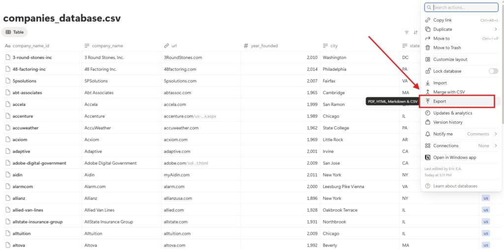 Exporting a Notion database to Excel, step 2
